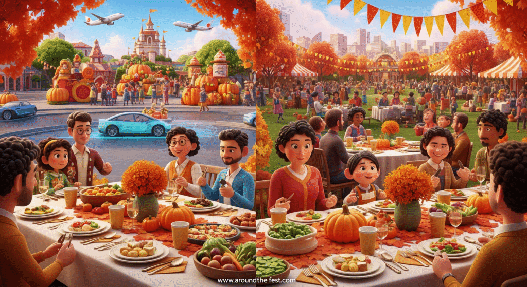 “Modern Thanksgiving celebrations: eco-friendly feasts with zero-waste tableware, multicultural dishes, theme park parades, and community dinners in parks, showing families and friends enjoying the holiday in a festive, inclusive, and travel-inspired setting.”
