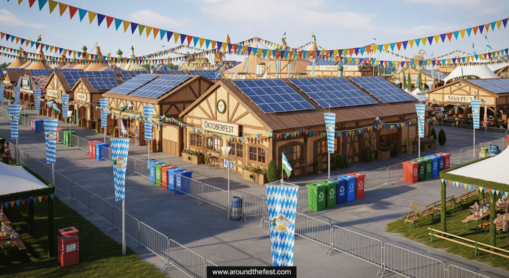 “Modern Oktoberfest with eco-friendly beer tents, recycling bins, organized pathways, and sustainable festival practices.”