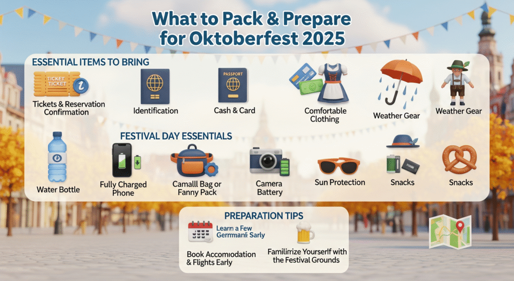 Oktoberfest 2025 human-free infographic with tickets, ID, cash and cards, layered clothing, dirndls, lederhosen, raincoat, umbrella, sunscreen, and sunglasses, photorealistic and content-focused.”