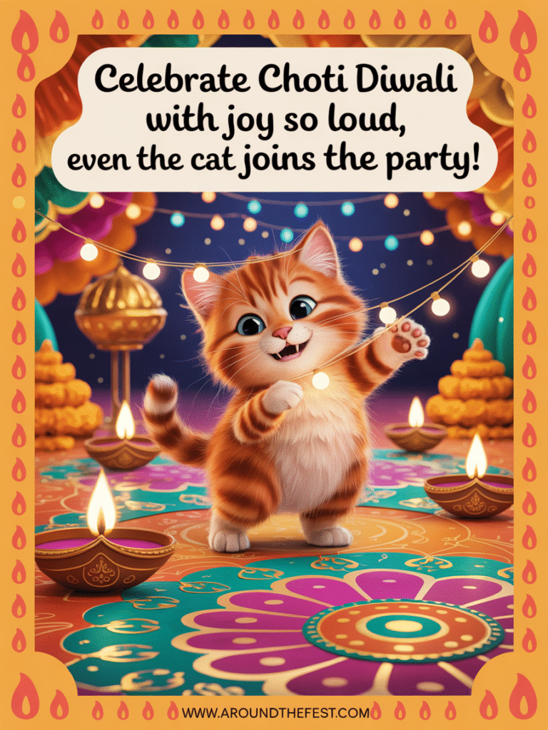  Playful scene with a cat exploring festive decorations, overlay text: “Joy so loud, even the cat joins!”