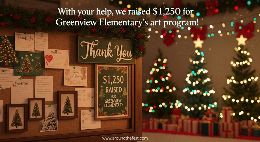 A cozy indoor display shows a community-themed thank-you table after a Christmas fundraising event. Framed photos, handwritten thank-you notes, and a festive sign reading “$1,250 Raised for Greenview Elementary” are surrounded by garlands and twinkle lights. In the background, a few decorated Christmas trees softly glow under warm lighting, capturing the heartwarming spirit of the post-event recap.