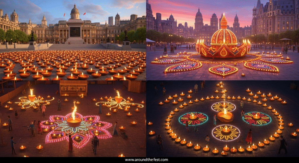 Global Diwali diya lighting events 2025 in London Trafalgar Square and Singapore, symbolizing unity, peace, and shared cultural connections.”