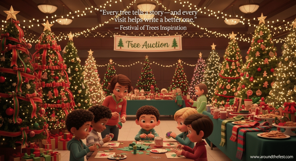 A festive holiday space with decorated Christmas trees, handmade market stalls, a tree auction setup, and kids crafting ornaments. Warm lights and seasonal decor create a magical, inviting setting.