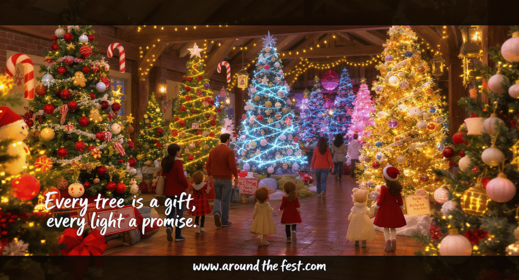 A magical Festival of Trees display with themed Christmas trees, each representing a cause. Trees are decorated with candy canes, vintage ornaments, snowflakes, and charity signs. Quote overlay reads: “Every tree is a gift, every light a promise.”