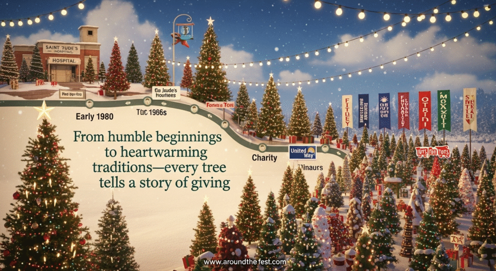 Timeline collage showing the evolution of the Festival of Trees from 1980s hospital fundraisers to modern Christmas charity events across North America, with twinkling trees, banners, and snowy decor. 