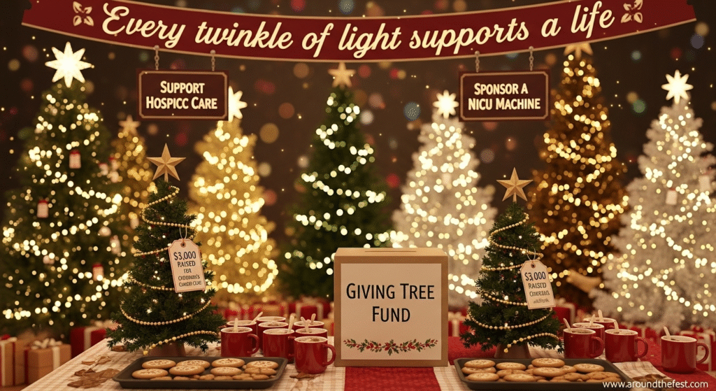 Holiday fundraising scene at the Festival of Trees with decorated Christmas trees, donation signs for hospice care and pediatric units, and a tree labeled “$3,000 raised for children's cancer.” 
