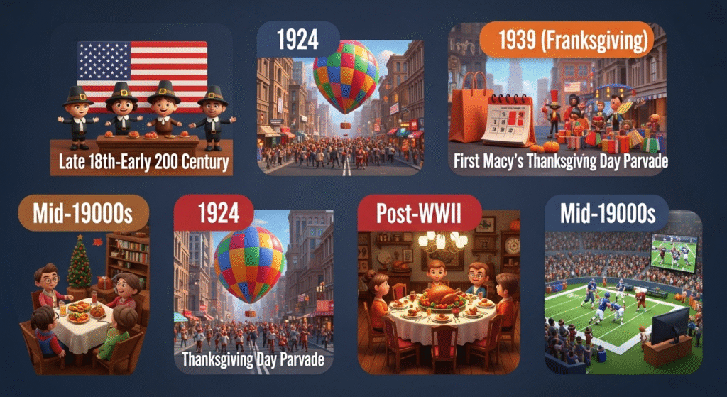 "Timeline infographic of Thanksgiving traditions from Pilgrim pageants to Macy’s Parade, Franksgiving, turkey dinners, football, and WWII soldiers."