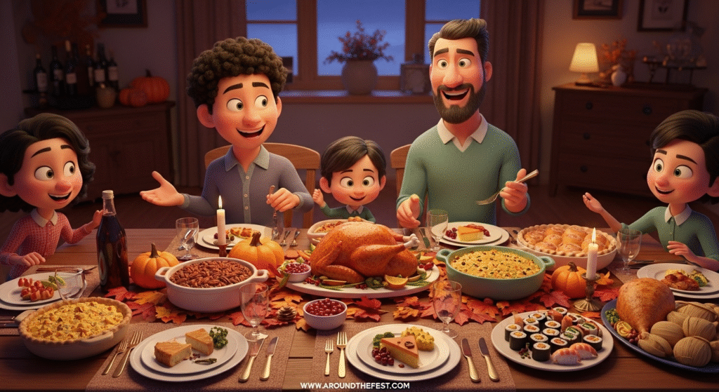 “Family gathered around a Thanksgiving dinner table in 2025 with regional American dishes, including turkey, casseroles, cornbread, tamales, sushi, and vegan turkey alternatives.”