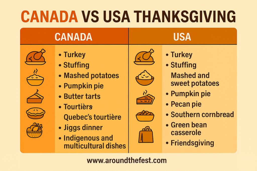 Canada vs USA Thanksgiving food: turkey, pies, regional dishes, Indigenous roots, and modern trends.”