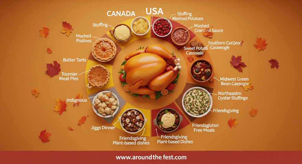 Circular infographic with central turkey showing Canadian and U.S. Thanksgiving dishes: stuffing, mashed potatoes, cranberry sauce, pumpkin pie, regional specialties, and modern Friendsgiving dishes. Warm autumn colors, cozy and festive."