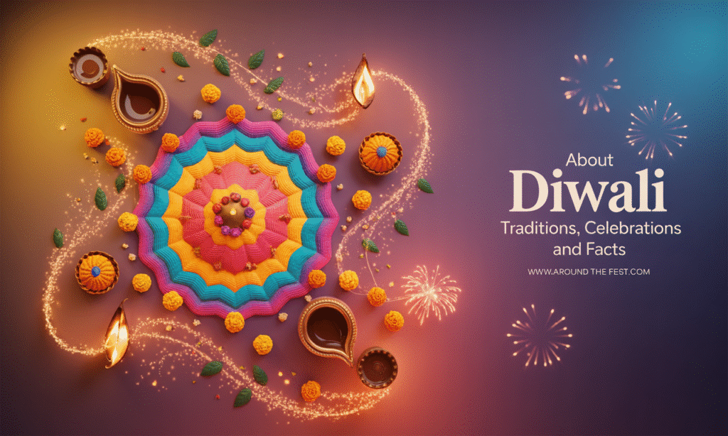“Ultra-creative Diwali hero banner with floating diyas, dynamic rangoli light trails, scattered marigold and rose petals, traditional sweets, and subtle fireworks, capturing the festive spirit, traditions, and celebrations.”