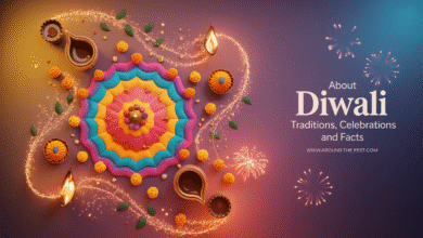 “Ultra-creative Diwali hero banner with floating diyas, dynamic rangoli light trails, scattered marigold and rose petals, traditional sweets, and subtle fireworks, capturing the festive spirit, traditions, and celebrations.”