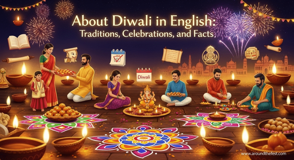 "Banner image titled 'About Diwali in English: Traditions, Celebrations and Facts' showing Diwali diyas, rangoli, family rituals, fireworks, and festive decorations symbolizing joy, learning, and togetherness."