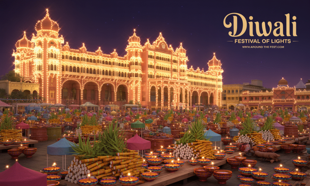 "Illuminated Mysuru Palace and festive Bengaluru streets decorated with clay diyas, sugarcane stalks, and golden lights, no people, warm night glow, Indian festive market scene, 16:9 ratio"
