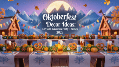 “Unique Oktoberfest 2025 banner with Bavarian folk-art decor, beer steins, pretzels, pumpkins, autumn flowers, glowing lanterns, and Alpine festival backdrop.”