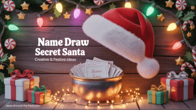 Watercolor-style festive holiday banner featuring a cozy Secret Santa name draw scene with a rustic wooden table, red Santa hat, bowl of folded name slips, twinkling Christmas lights, holly leaves, candy canes, golden stars, and wrapped gifts, with warm glowing colors and central space for the title “Name Draw Secret Santa – Creative & Festive Ideas.”