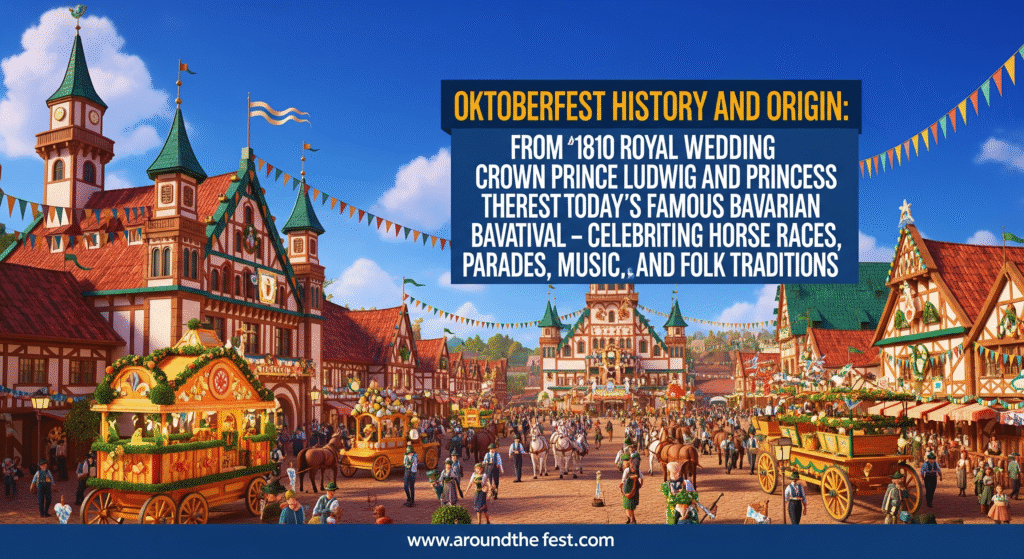 Oktoberfest at Theresienwiese with beer tents, parade floats, and horse-drawn carriages, showing its origin from the 1810 royal wedding of Crown Prince Ludwig and Princess Therese and traditional Bavarian celebrations."