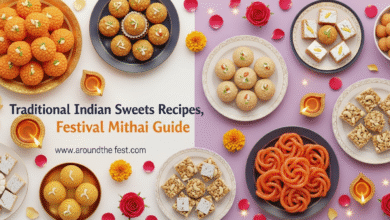 Modern and festive display of traditional Indian sweets like laddoos, barfis, kaju katli, and jalebis with diyas, marigolds, and rose petals, blending elegance with celebration for a festival blog banner.”