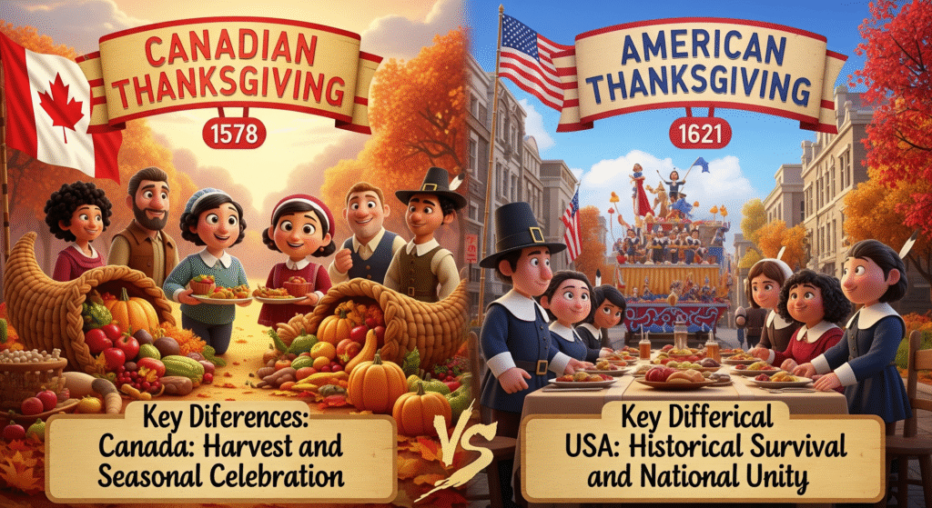 Canadian vs U.S. Thanksgiving infographic: history, foods, traditions & modern trends in cozy autumn style."