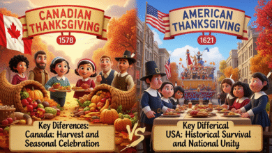 Canadian vs U.S. Thanksgiving infographic: history, foods, traditions & modern trends in cozy autumn style."
