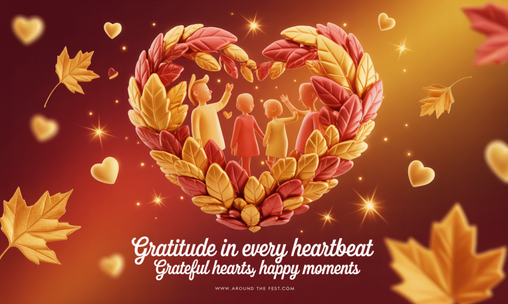 “Vibrant Thanksgiving banner with golden-orange gradient, floating autumn leaves, subtle sparkles, and silhouettes of people celebrating, overlay text: ‘Grateful Hearts, Happy Moments’.”