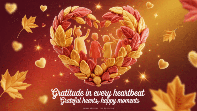 “Vibrant Thanksgiving banner with golden-orange gradient, floating autumn leaves, subtle sparkles, and silhouettes of people celebrating, overlay text: ‘Grateful Hearts, Happy Moments’.”