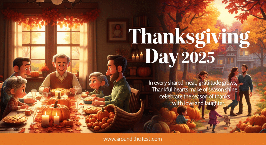 Thanksgiving Day 2025 in the USA banner showing a multi-generational family enjoying a festive Thanksgiving feast indoors with pumpkins, pies, cornucopia, candles, and autumn leaves, while kids play and couples walk outdoors among colorful fall foliage, warm golden sunlight, elegant title text, heartwarming and joyful holiday atmosphere.”