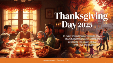 Thanksgiving Day 2025 in the USA banner showing a multi-generational family enjoying a festive Thanksgiving feast indoors with pumpkins, pies, cornucopia, candles, and autumn leaves, while kids play and couples walk outdoors among colorful fall foliage, warm golden sunlight, elegant title text, heartwarming and joyful holiday atmosphere.”