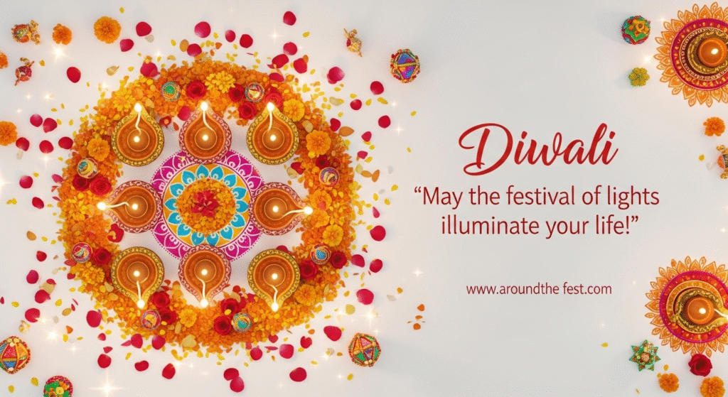 Modern and festive Choti Diwali banner with glowing diyas, marigolds, rose petals, and colorful rangoli patterns, celebrating Diwali in a vibrant, elegant style.”