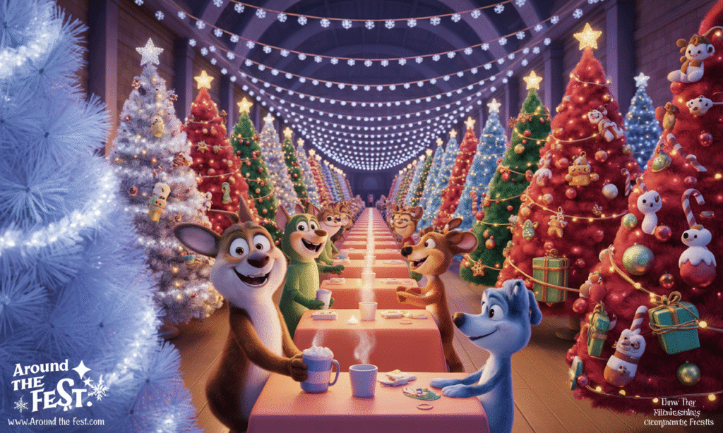 A glowing indoor forest of elaborately decorated Christmas trees in shimmering blues, reds, and golds, surrounded by families, children holding cocoa, and volunteers in Santa hats. Pine and cinnamon scents fill the air, while hand-crafted ornaments and storytelling themes light up the holiday fundraising event. 