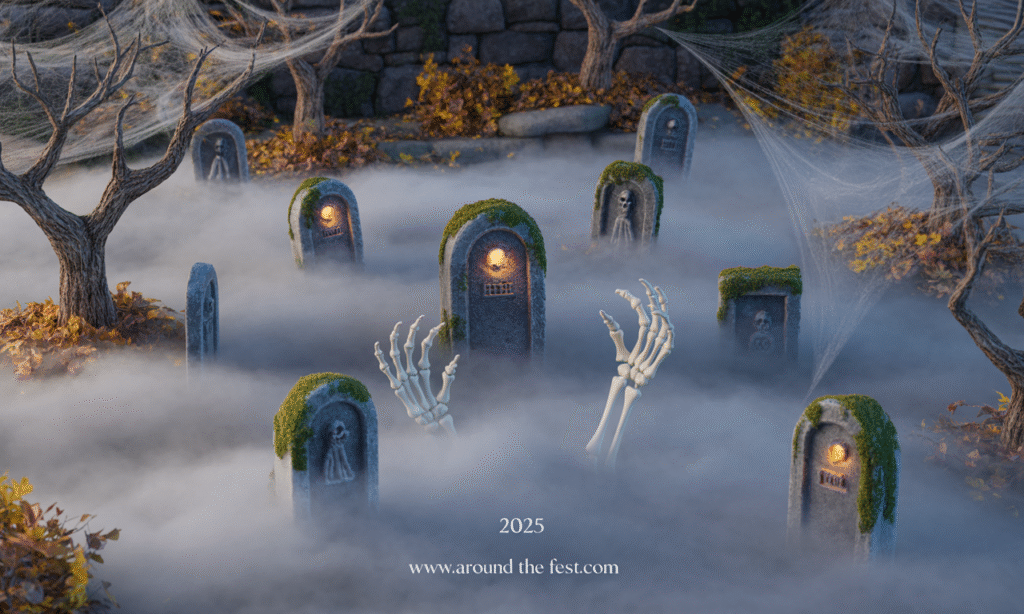 “Immersive Halloween 2025 mini graveyard with fog, tombstones, skeletal hands, and subtle lighting creating a spooky outdoor display.”