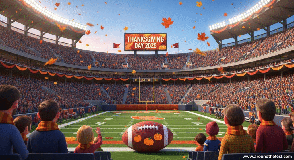 Festive Thanksgiving 2025 football scene with a packed stadium, autumn leaves swirling, families in scarves, and a football featuring turkey and pumpkin motifs. Scoreboard shows 'Thanksgiving Day 2025,' blending holiday and sports traditions in a warm, nostalgic atmosphere."