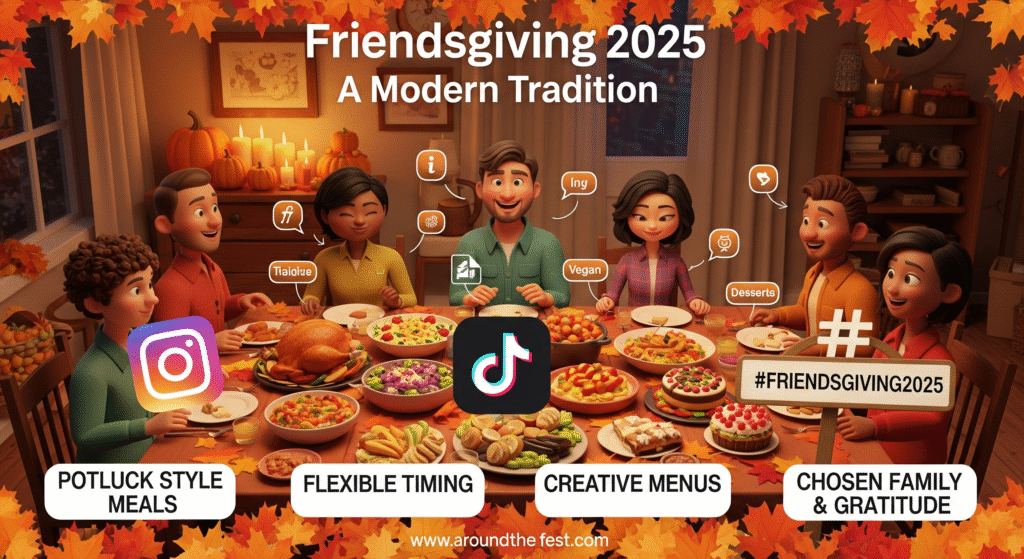 Friendsgiving 2025 infographic showing a modern potluck dinner with diverse friends, highlighting creative menus, social media trends, and chosen family celebrations.”