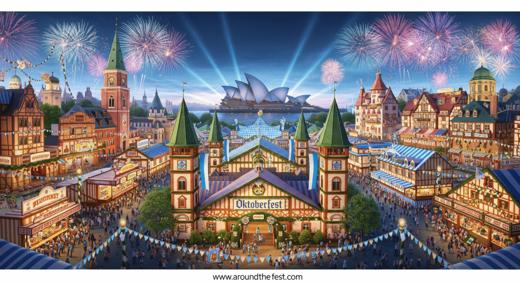 Oktoberfest traditions illustrated worldwide, showing Munich’s beer tents and parades alongside adapted international celebrations in the U.S., Brazil, and Australia, highlighting cultural diversity and global influence.