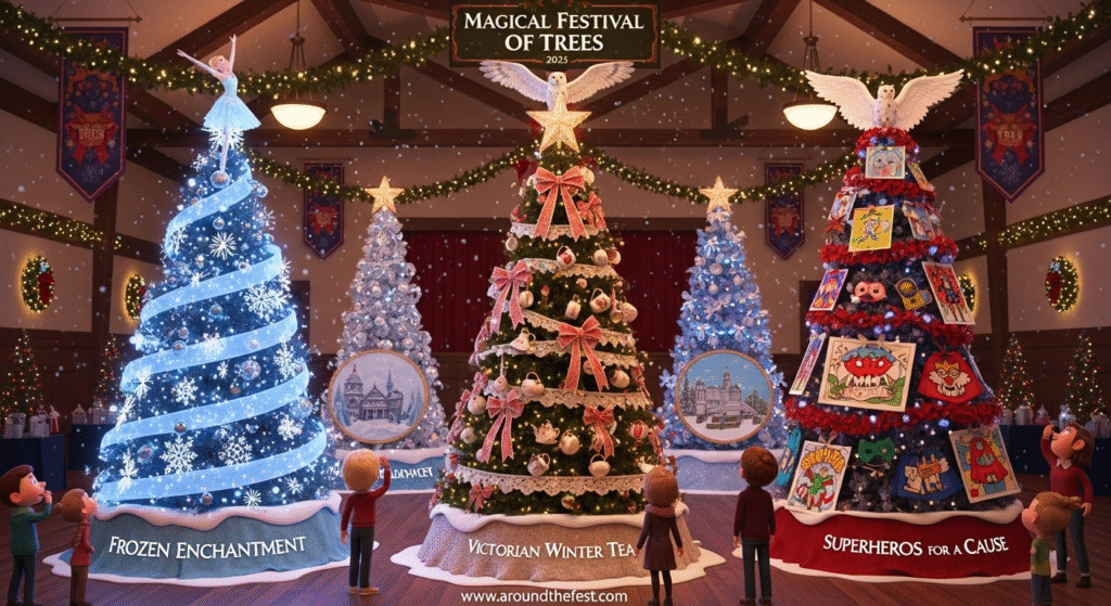 “Decorated Christmas trees at the Festival of Trees 2025 featuring Frozen Enchantment, Victorian Tea, and Superhero themes with ornaments, ribbons, and lights.”