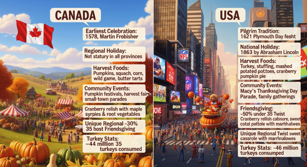 Infographic comparing Canadian and American Thanksgiving fun facts. Left side: Canadian Thanksgiving featuring harvest foods like pumpkins, squash, butter tarts, Friendsgiving gatherings, small-town parades, and autumn decorations. Right side: American Thanksgiving with large family feasts, Macy’s Parade floats, NFL games, Black Friday shopping, fusion dishes like kimchi stuffing and tamales, and the White House turkey pardoning. Split-screen design with warm fall colors, icons representing each fun fact, and cozy, festive atmosphere.”