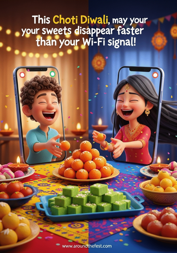 Festive Choti Diwali sweets vanishing quickly, humorous concept.