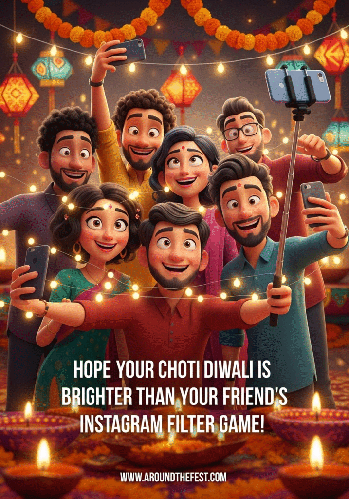 Friends taking selfies with Choti Diwali decorations and glowing lights.