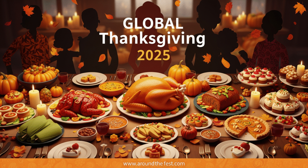 "A table filled with multicultural dishes including roast turkey, Korean BBQ turkey, vegan tofu roast, Mexican tamales, and Indian-spiced pumpkin pie. Warm autumn décor surrounds the table with candles, pumpkins, and falling leaves. Friends and family gather around, faces softly obscured, celebrating diversity, inclusion, and abundance in a festive, cozy atmosphere."