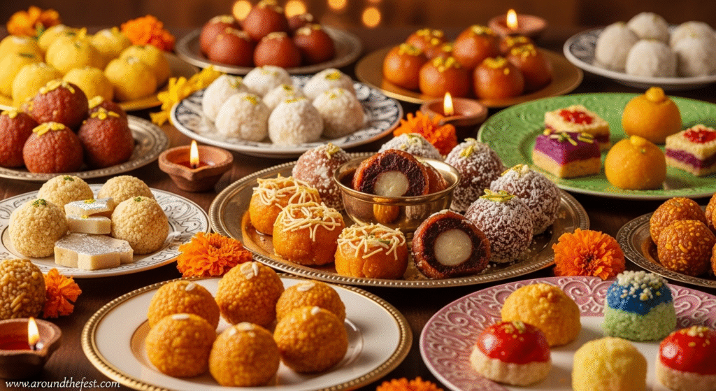 Ultra-realistic illustration of Diwali fusion foods and innovative recipes, showing traditional sweets like laddoos and barfis alongside modern chocolate-stuffed gulab jamuns and masala-spiced pumpkin sweets, with diyas and festive decorations."