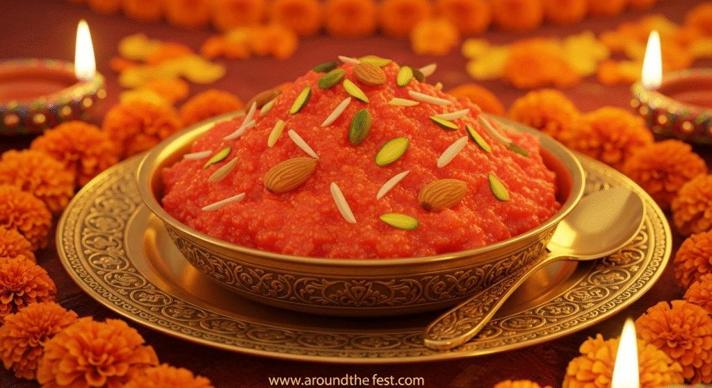 "Warm bowl of traditional Indian gajar halwa garnished with nuts and silver leaf, with a festive background"