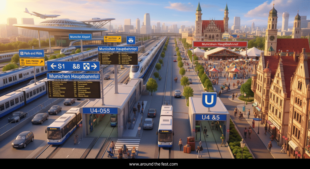  travel scene showing Munich Airport, S-Bahn trains, Munich Hauptbahnhof, park-and-ride cars, buses, trams, U-Bahn entrance, and walking paths to Theresienwiese, photorealistic and informative.”