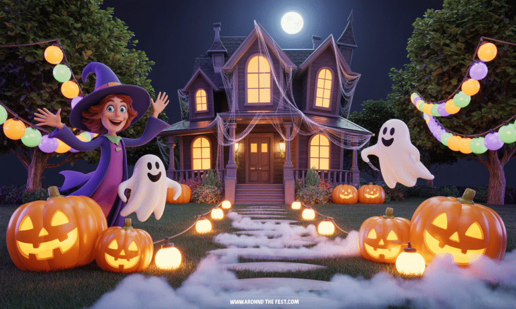 yard with glowing pumpkins, inflatables, hanging bats, lanterns, DIY props, and fog creating a spooky and festive display.”