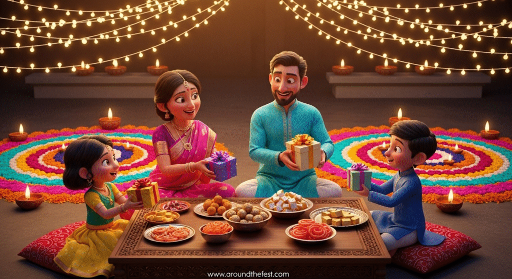 Ultra-realistic illustration of Diwali gift exchanges and sweets distribution with glowing diyas, marigold garlands, rangoli, and festive plates of traditional Indian sweets."