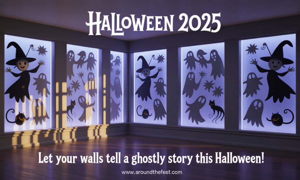 Glow-in-the-dark Halloween silhouettes of witches, ghosts, and cats on walls and windows with LED backlighting, creating an eerie, Instagram-ready effect.