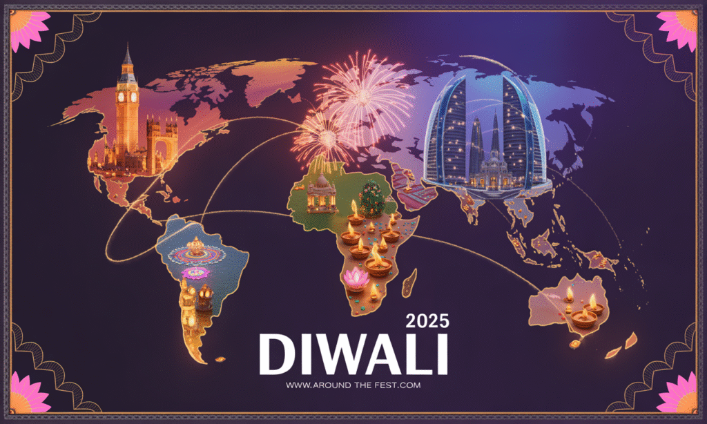 Global Diwali 2025 celebrations with Dubai fireworks, London lights, Leicester rangoli, and Bali temples glowing with diyas.”
