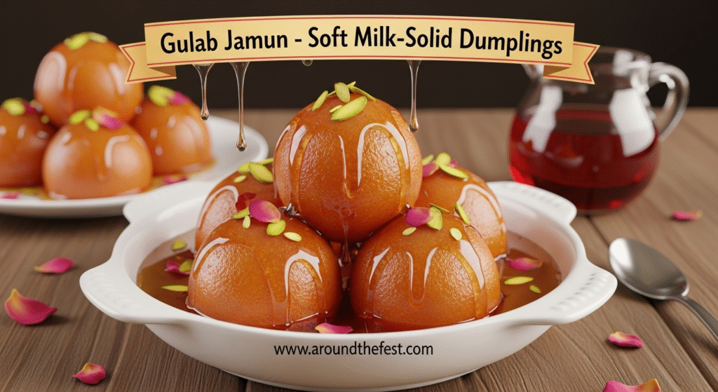 Golden gulab jamuns soaked in rose-scented sugar syrup, garnished with pistachios and rose petals. Classic Indian dessert served warm or chilled, perfect for festivals and celebrations."