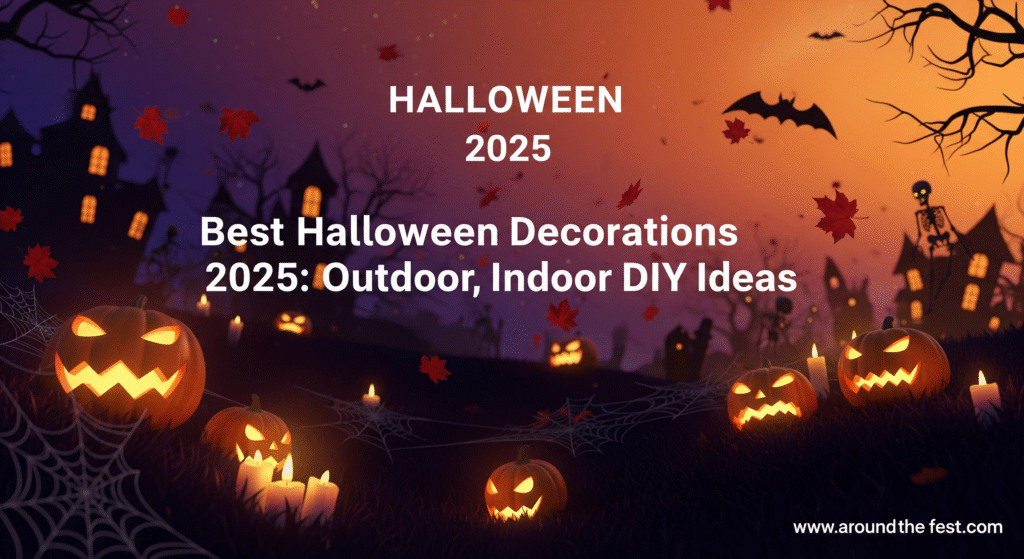 banner with glowing pumpkins, hanging lanterns, bats, twisted trees, and bold text for Best Halloween Decorations 2025: Outdoor, Indoor DIY Ideas.”