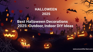 “Halloween 2025 banner with glowing pumpkins, hanging lanterns, bats, twisted trees, and bold text for Best Halloween Decorations 2025: Outdoor, Indoor DIY Ideas.”