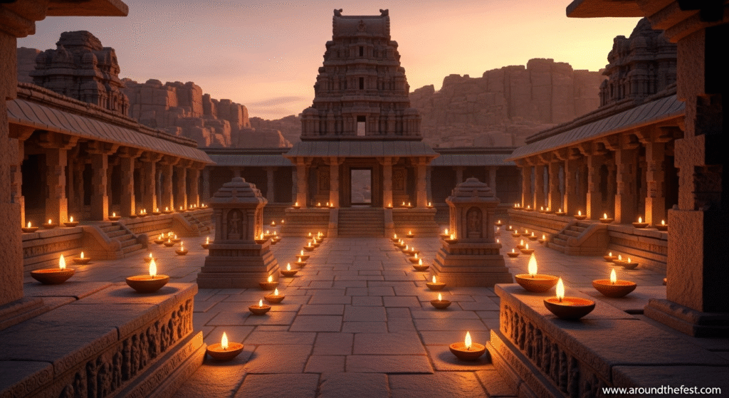 Hampi Diwali 2025 with ancient temples and ruins lit by clay lamps, glowing reflections on stone architecture, peaceful and magical atmosphere, no humans present."